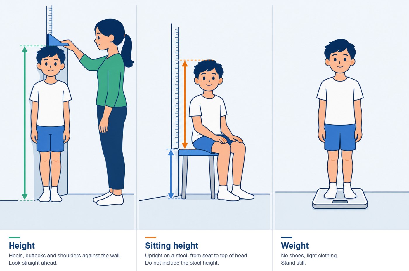 How to measure: height standing against the wall, sitting height upright on a stool from seat to top of head, and weight on the scale without shoes.